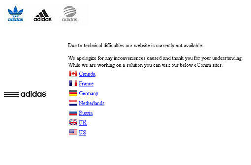 So sah die Website des Sportartikelherstellers Adidas am Montagmorgen aus. Die Homepage wurde gehackt, so dass das Unternehmen die Seite vom Netz nahm.