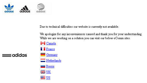 So sah die Website des Sportartikelherstellers Adidas am Montagmorgen aus. Die Homepage wurde gehackt, so dass das Unternehmen die Seite vom Netz nahm. So sah die Website des Sportartikelherstellers Adidas am Montagmorgen aus. Die Homepage wurde gehackt, so dass das Unternehmen die Seite vom Netz nahm.