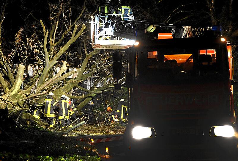 Feuerwehrleute zersägen in Remscheid (Nordrhein-Westfalen) einen Baum, der während des Orkans Xaver neben ein Haus gefallen war.