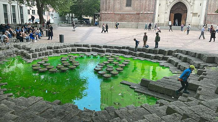 Klimaaktivisten haben Brunnen in München grün eingefärbt.