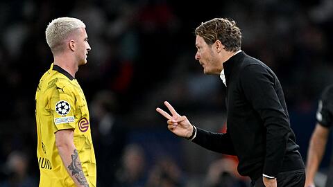 Dortmunds Trainer Edin Terzic gibt Marco Reus taktische Anweisungen.