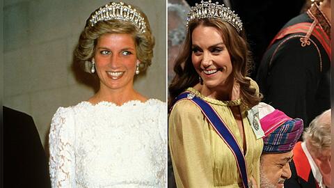 Prinzessin Diana trug ihre Tiara h&auml;ufig - hier etwa 1985 bei einem Besuch in Washington. Ihre Schwiegertochter Prinzessin Kate setzt die Tradition fort.