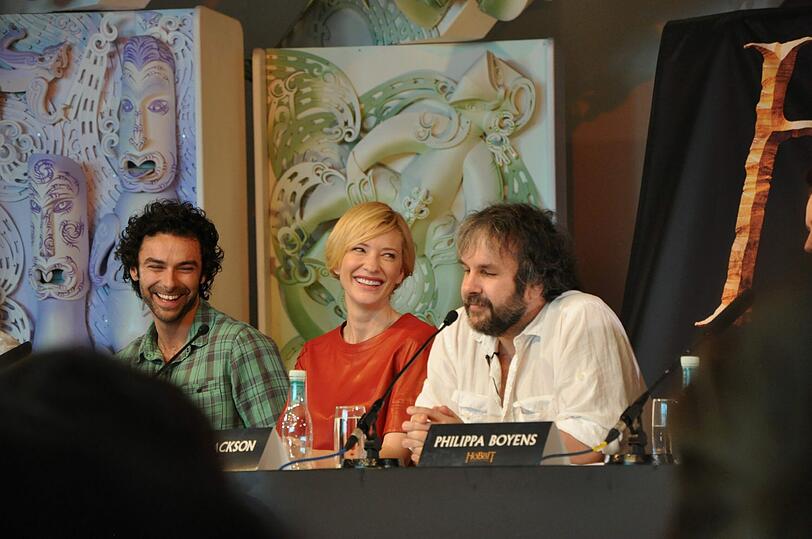 Regisseur Peter Jackson, Cate Blanchett und Aidan Turner bei der Hobbit-Pressekonferenz.