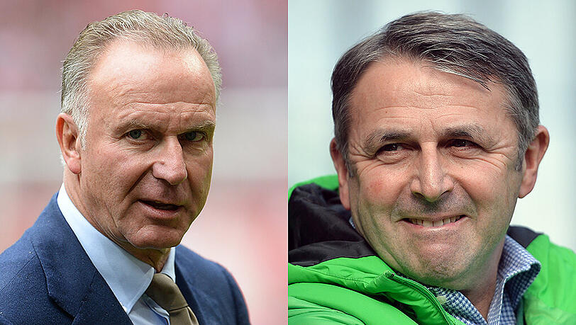 Bayern-Boss Karl-Heinz Rummenigge (links) stichelt heftig gegen Wolfsburgs Manager Klaus Allofs. Bayern-Boss Karl-Heinz Rummenigge (links) stichelt heftig gegen Wolfsburgs Manager Klaus Allofs.