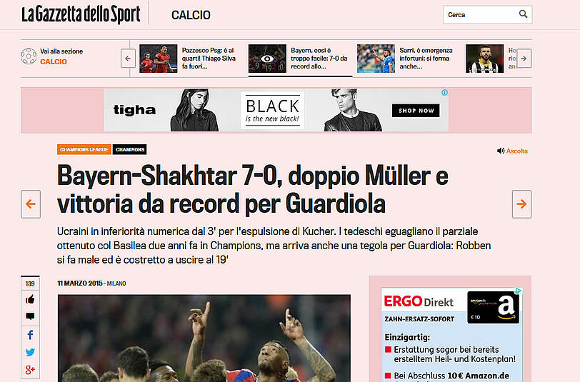 Der Doppel-Müller und ein Rekord-Sieg für Guardiola: Das schreibt die italienische Gazzetta dello Sport