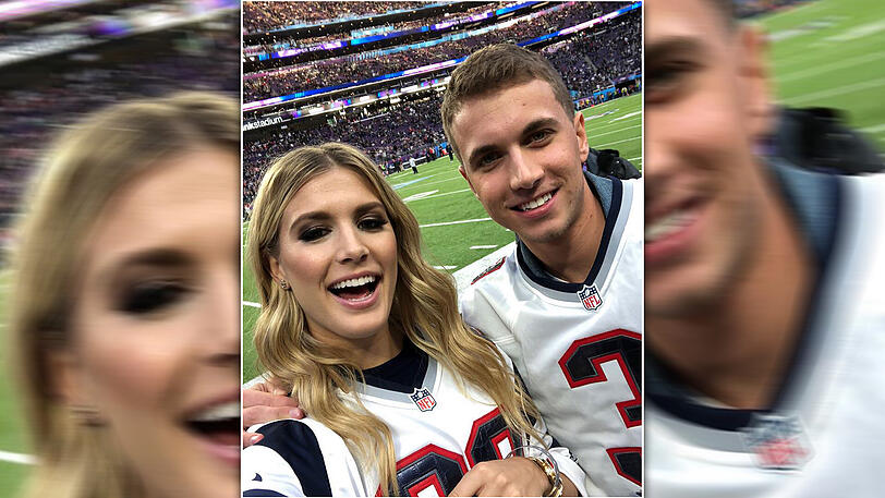 Eugenie Bouchard mit ihrem Twitter-Date John Goehrke beim Super Bowl.
