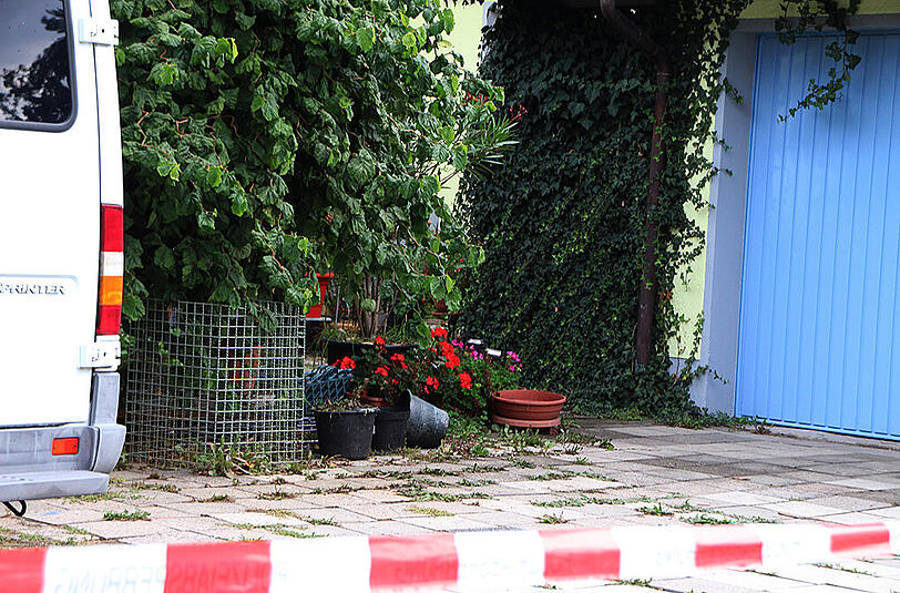 Vor dem Haus stehen Geranien.