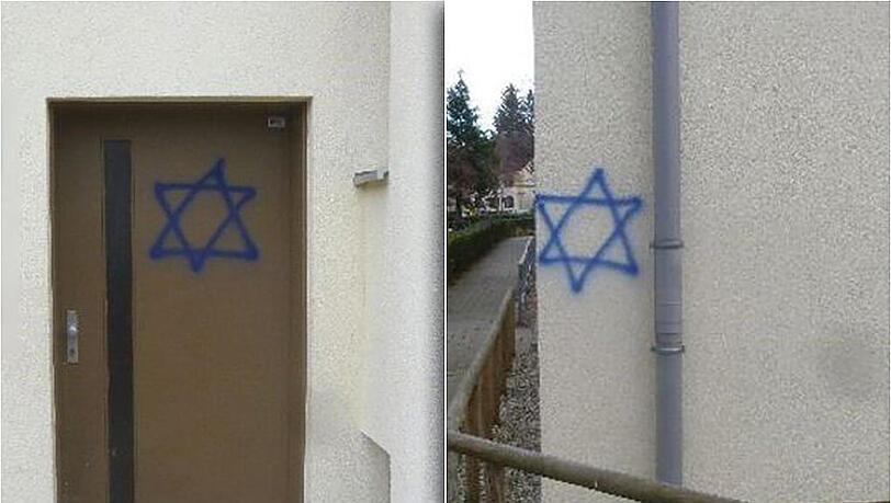 Diese Fotos veröffentlichte die Polizei am Freitag. Unbekannte beschmierten mehrere Häuser mit Davidsternen. Diese Fotos veröffentlichte die Polizei am Freitag. Unbekannte beschmierten mehrere Häuser mit Davidsternen.