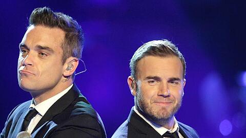 Robbie Williams (l) und Gary Barlow bei der Casting-Show "Popstars - Girls Forever" 2010 in Köln.