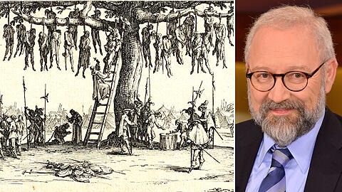 Die Schrecken des Krieges: "Der Galgenbaum", eine Radierung von Jacques Callot aus dem Jahr 1632. Rechts: Herfried Münkler.