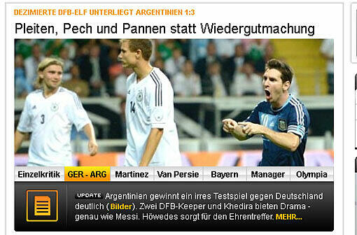Fehlstart nach EM-Frust, Pleiten, Pech und Pannen: so kommentiert die Presse die 1:3-Testspielniederlage der deutschen Nationalmannschaft gegen Argentinien.