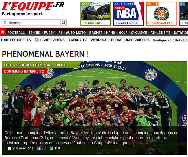 Die französische L'Equipe fasst sich kurz: "Phénoménal Bayern!". Die phänomenalen Bayern. Mehr gibt's auch eigentlich nicht zu sagen.