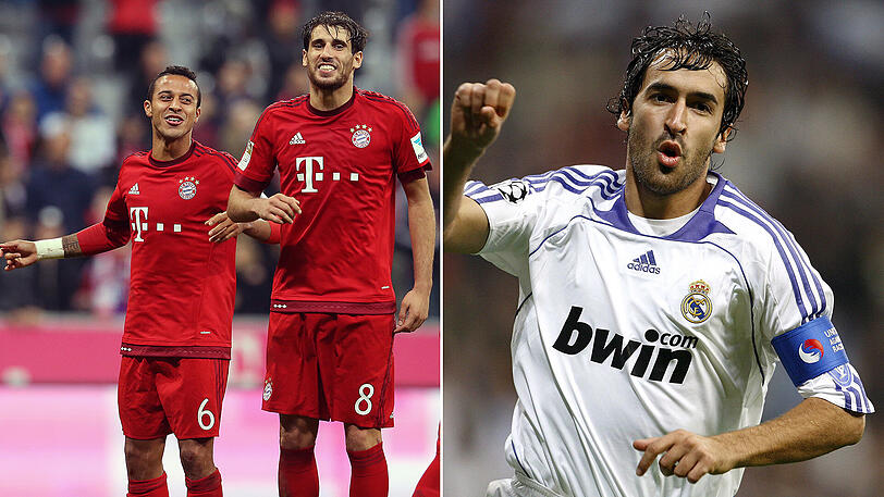 Raúl Gonzales Blanco (rechts) gewann mit Real Madrid drei Mal die Champions League, in seinen spanischen Landsleuten Thiago und Javi Martínez sieht er die wichtigsten Stützen des FC Bayern.