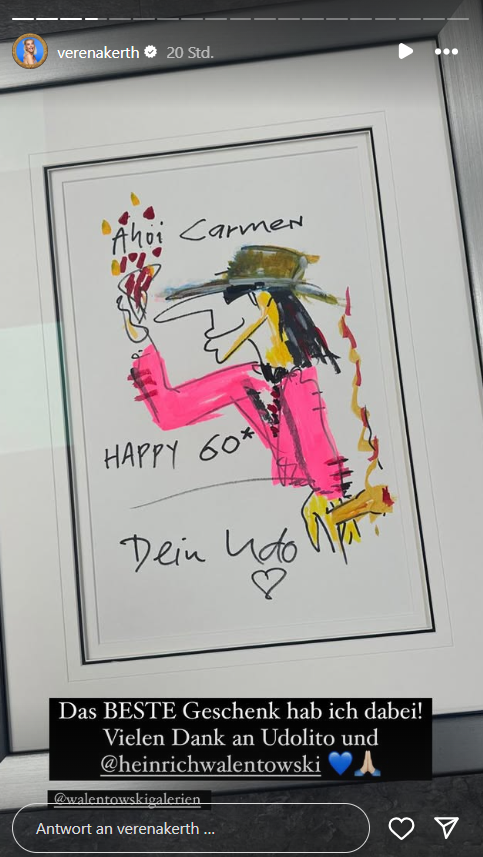 Verena Kerth schenkte Carmen Geiss eine Zeichnung von Udo Lindenberg. Verena Kerth schenkte Carmen Geiss eine Zeichnung von Udo Lindenberg.