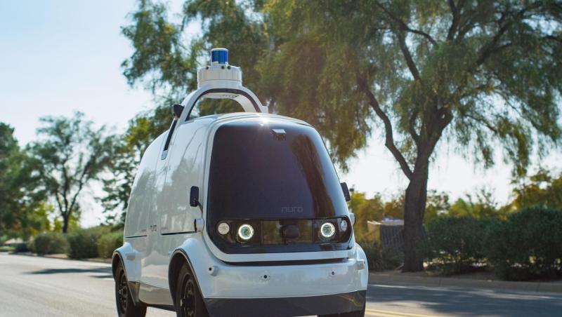 Ein Roboterwagen der Firma Nuro.ai. Das Fahrzeug der kalifornischen Firma sieht aus wie ein stark verkleinerter Lieferwagen. Ein Roboterwagen der Firma Nuro.ai. Das Fahrzeug der kalifornischen Firma sieht aus wie ein stark verkleinerter Lieferwagen.