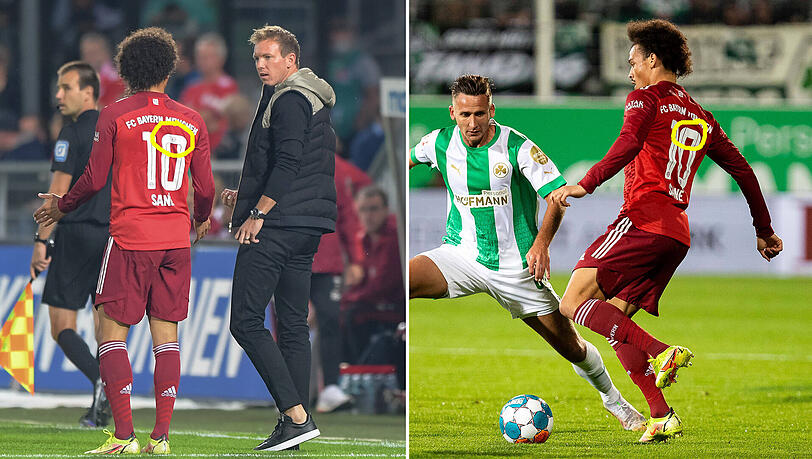 Kleine Trikotpanne bei Leroy Sané: In Hälfte eins war die 0 seiner Rückennummer noch verkehrt rum auf dem Trikot. Das Bayern-Logo bei der 0 ist oben statt unten (linkes Bild). Nach dem Trikotwechsel war die Beflockung dann wieder korrekt. Kleine Trikotpanne bei Leroy Sané: In Hälfte eins war die 0 seiner Rückennummer noch verkehrt rum auf dem Trikot. Das Bayern-Logo bei der 0 ist oben statt unten (linkes Bild). Nach dem Trikotwechsel war die Beflockung dann wieder korrekt.