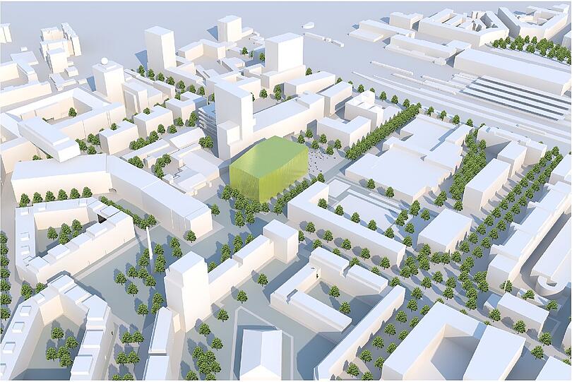 Oben rechts, der Ostbahnhof. Östlich schließt sich das Werksviertel an, wo ein Konzertsaal (grün) eingepasst werden könnte.
