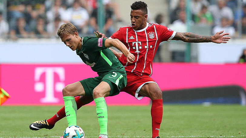 Im Finale um den Telekom-Cup besiegte der FC Bayern die Bremer am 15. Juli mit 2:0 - hier attackiert Corentin Tolisso (rechts) Werder-Akteur Ludwig Augustinsson.