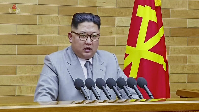 Der Mann mit sieben Mikrofonen: Nordkoreas Machthaber Kim Jong Un bei seiner Neujahrsansprache.