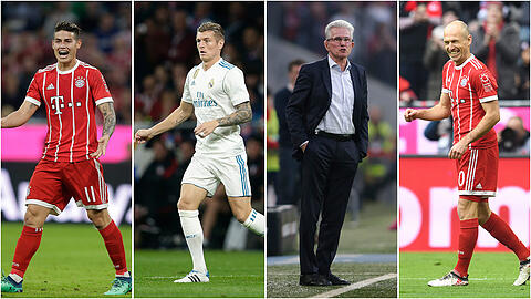 In ihrer Karriere beim FC Bayern und Real Madrid unter Vertrag: James Rodríguez, Toni Kroos, Jupp Heynckes und Arjen Robben (v.l.).