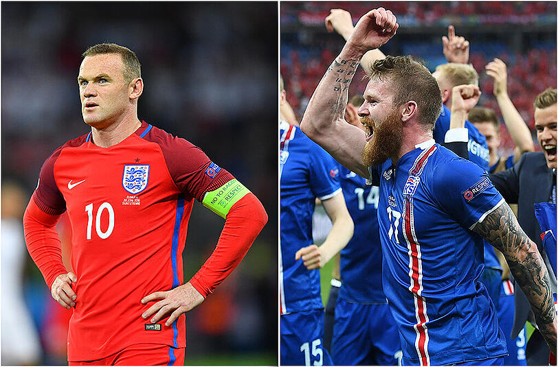Können mannschaftlich geschlossene Isländer (r.) das englische Star-Ensemble um Wayne Rooney (l.) besiegen?