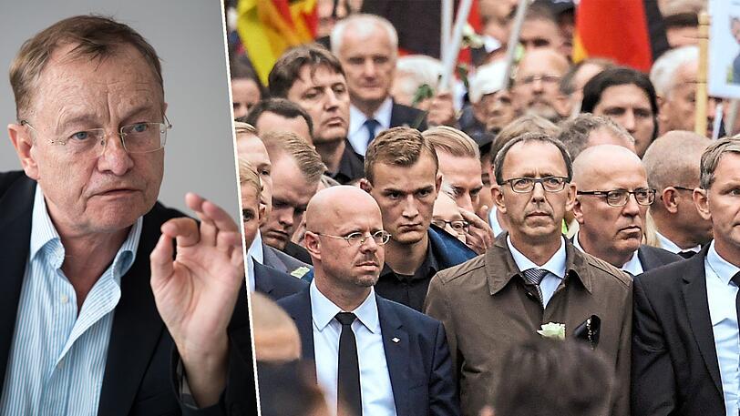 Links:Rechtsextremismus-Forscher Hajo Funke. Rechts: AfD und Pegida demonstrieren in Chemnitz. Mit dabei: die AfD-Landtagsspitzenkandidaten Andreas Kalbitz und Jörg Urban (Mitte l. und r.).