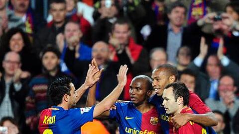 Solchen Jubel wollen die Bayern am Mittwoch verhindern: Die Barca-Stars Xavi, Eto'o, Henry und Iniesta (v.l.)