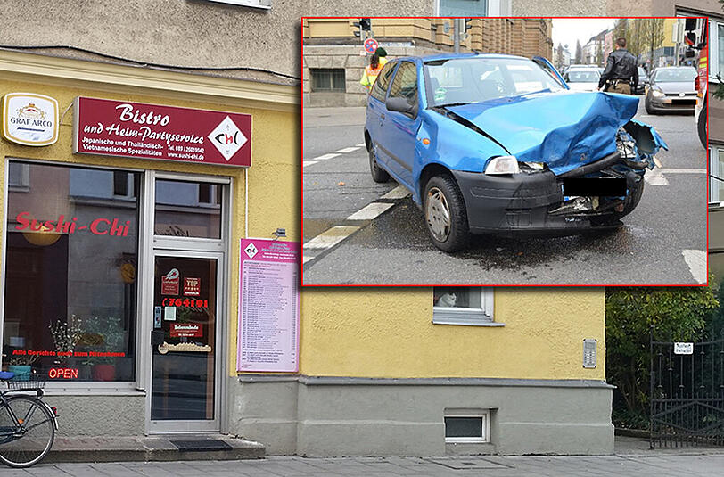 Vor diesem Lieferservice stand der Wagen, als der Dieb zuschnappte. Oben rechts: Der Fiat nach dem Crash an der Paul-Heyse Unterführung.