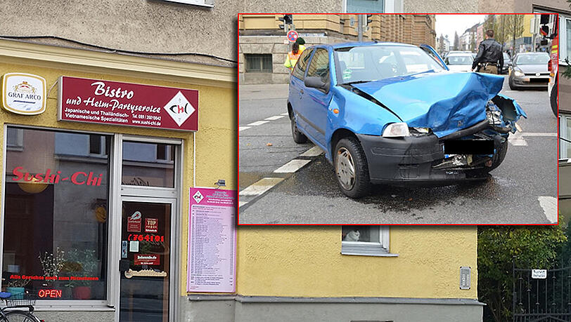 Vor diesem Lieferservice stand der Wagen, als der Dieb zuschnappte. Oben rechts: Der Fiat nach dem Crash an der Paul-Heyse Unterführung. Vor diesem Lieferservice stand der Wagen, als der Dieb zuschnappte. Oben rechts: Der Fiat nach dem Crash an der Paul-Heyse Unterführung.