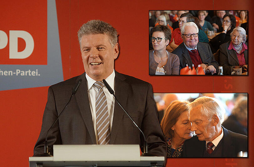 Bei jeder Veranstaltung &bdquo;a Packerl Zettel&ldquo; mit Bürgerwünschen: OB Dieter Reiter beim traditionellen Dreikönigstreffen der SPD im Hofbräukeller. Oben rechts: Alt-OB im Hofbräukeller: Hans-Jochen Vogel hat neben der Landtagsabgeordneten Isabell Zacharias Platz genommen. Unten rechts: Alt-OB Georg Kronawitter mit seiner Frau Hildegard.