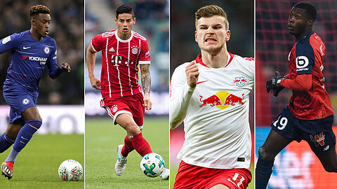 Wen verpflichtet der FC Bayern? Bei James Rodríguez (2. von links) besitzen die Münchner eine Kaufoption. Timo Werner (3. von links), Callum Hudson-Odoi (links) und Nicholas Pépé würden sehr teuer werden.