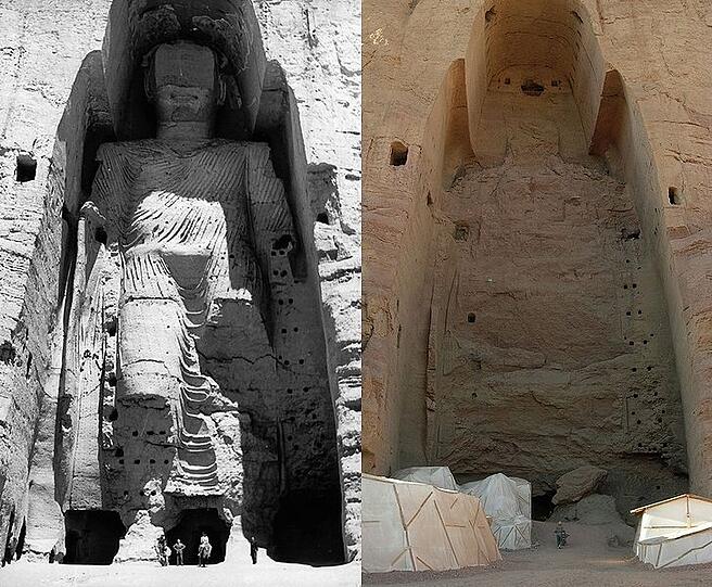 Die Buddhas von Bamiyan vor und nach der Sprengung.