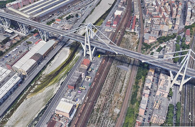 Die Morandi-Brücke auf der Autobahn A10, der berühmten Urlaubsverbindung "Autostrada dei Fiori", stürzte in mehr als 40 Metern Höhe auf einem zwischen 100 und 200 Meter langen Stück ein.