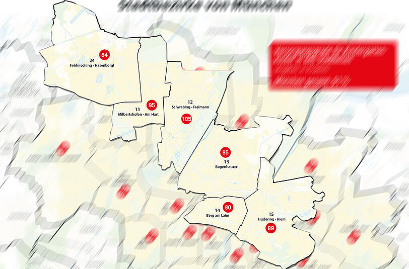 Die einzelnen Stadtviertel und der Versorgungsgrad an Kita-Plätzen.