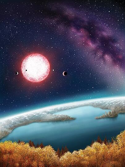 Die komplette Illustration: Im Vordergrund der erdähnliche Planet 186f, darüber die Sonne, die nicht so stark strahlt wie unsere.