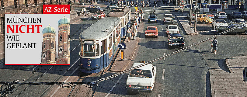 Die Kreuzung der Paul-Heyse- zur Bayerstraße: noch mit der alten 17er-Tram und vielen schönen, alten Autos.