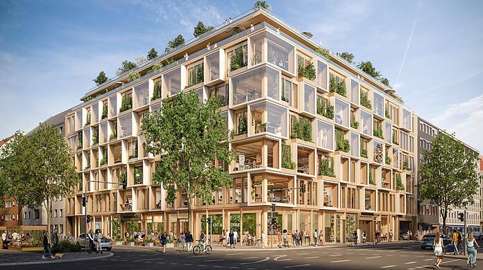So soll es aussehen, wenn es fertig ist: das große neue Bürogebäude „The Stack“ (engl. Stapel) in der Goethestraße Ecke Schwanthalerstraße.