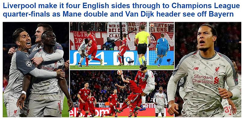 Die Briten sind natürlich besonders stolz. Warum? Weil mit Manchester United, Manchester City, Tottenham Hotspur und dem FC Liverpool vier Mannschaften aus der englischen Premier League im Viertelfinale stehen. Darauf bezieht sich auch die "Daily Mail". An anderer Stelle schreibt das Blatt: "Das war eines der herrlichsten Ergebnisse eines englischen Vereins in Europa."