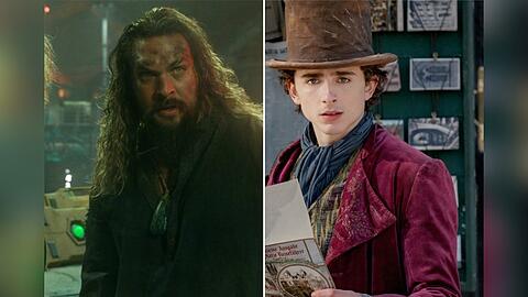 Jason Momoa (l.) als DC-Recke Aquaman und Timothée Chalamet als Schokoladen-Visionär Willy Wonka.