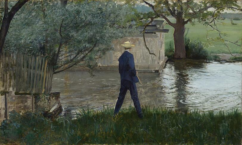 Thomas Theodor Heines "Angler" von 1892 steht zwar im blauen Anzug, doch mit einfacher Holzrute am Ufer. Heute wäre das undenkbar - bei all dem wasserdichten Hightech-Outfit, das man sich antun muss.