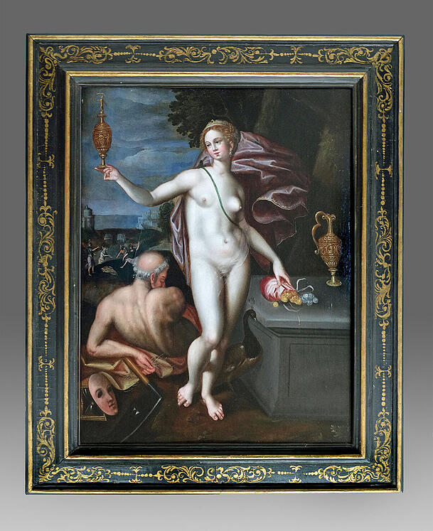 Allegorie mit Juno und Saturn - Aus der sog. Jacob de Backer-Gruppe, 1570-1600, Ol auf Eichenholz, 66,2 x 49,5 cm. (Galerie V. Puch, Stand 12) Allegorie mit Juno und Saturn - Aus der sog. Jacob de Backer-Gruppe, 1570-1600, Ol auf Eichenholz, 66,2 x 49,5 cm. (Galerie V. Puch, Stand 12)