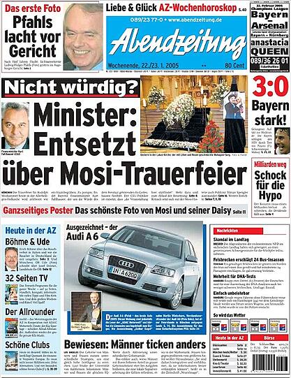 Auf Seite 7 der AZ-Wochenend-Ausgabe am 22./23. Januar 2005 steht: "Aus den Lautsprechern in der St.-Lukas-Kirche klingen getragene Klavierquartette von Wolfgang Amadeus Mozart. [...] "10.000 Sterbebildchen wurden für die zweitägigen Trauerfeierlichkeiten gedruckt. Bei der ersten Lieferung in die St.-Lukas-Kirche haben sich die Organisatoren wohl verschätzt: Sie ist schon nach einer Stunde vergriffen."