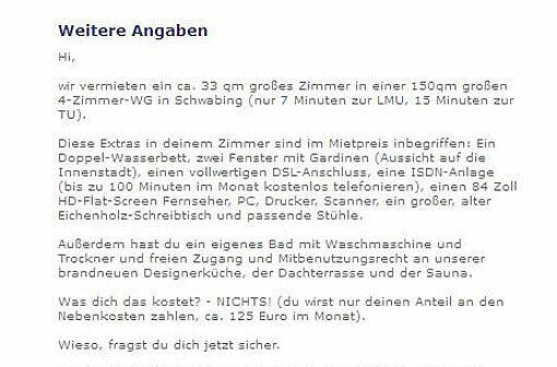 Relativ harmlos geht es in dem Angebot mit der Beschreibung des luxoriösen Zimmers los. Aber dann...