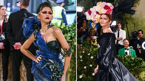 Zendaya zeigte sich erst als eine Art Pfau (l.), und schritt später noch mit einem großen Blumenhut über die Treppenstufen.