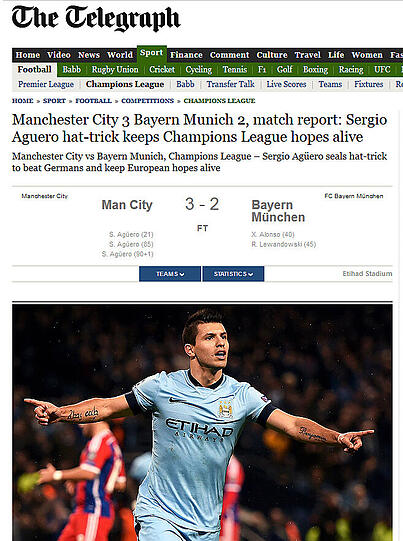 Daily Telegraph (Großbritannien): Sergio Agueros Hattrick hält die Champions League Hoffnungen am Leben.