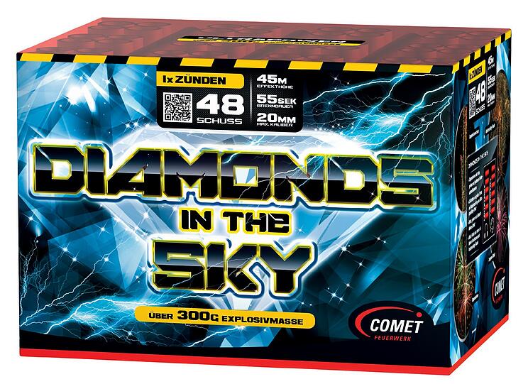 Der doppelte Knisterschweifkomet: Die Batterie &bdquo;Diamonds in the Sky&ldquo; (Comet): Sie hat nur 48 Schuss &ndash; aber locker die Kraft, alle anderen Raketen am Himmel auszublenden: &bdquo;Diamonds in the Sky&ldquo; ballert mit ihren 350 Gramm Explosivmasse zwei Knisterschweifkometen gleichzeitig nach oben.