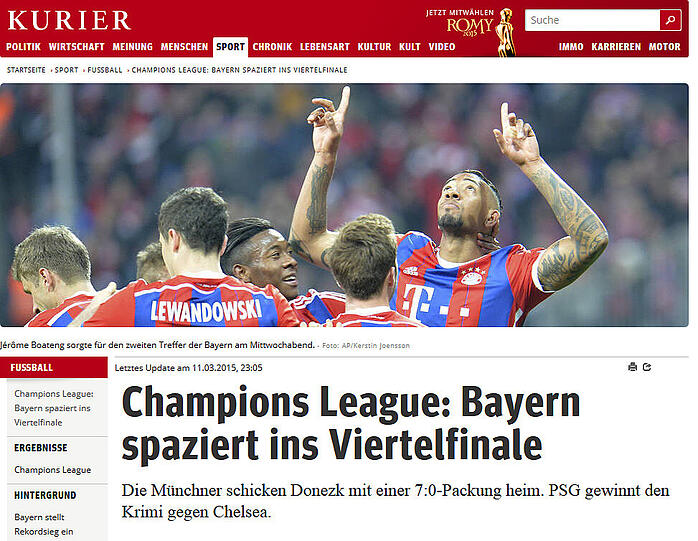 Der österreichische "Kurier": "Bayern spaziert ins Viertelfinale"