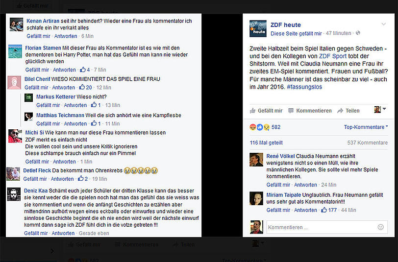 Heftige, teils beleidigende Kritik an Kommentatorin Claudia Neumann - auf der Facebook-Seite von "ZDF Sport".
