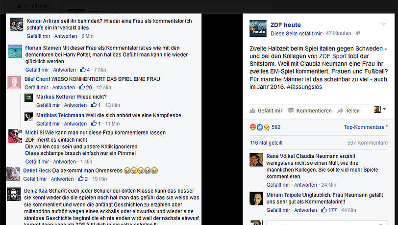 Heftige, teils beleidigende Kritik an Kommentatorin Claudia Neumann - auf der Facebook-Seite von "ZDF Sport". Heftige, teils beleidigende Kritik an Kommentatorin Claudia Neumann - auf der Facebook-Seite von "ZDF Sport".