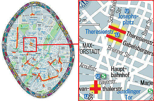 Nervtötender Lärm: die rot markierten Gebiete sind besonders laut - und bewohnt. Links das Stadtgebiet im Überblick, rechts die jeweiligen Brennpunkte.